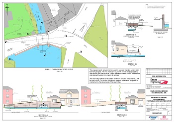 Plan of proposed new bridge including diagrams at carriageway/pond levels